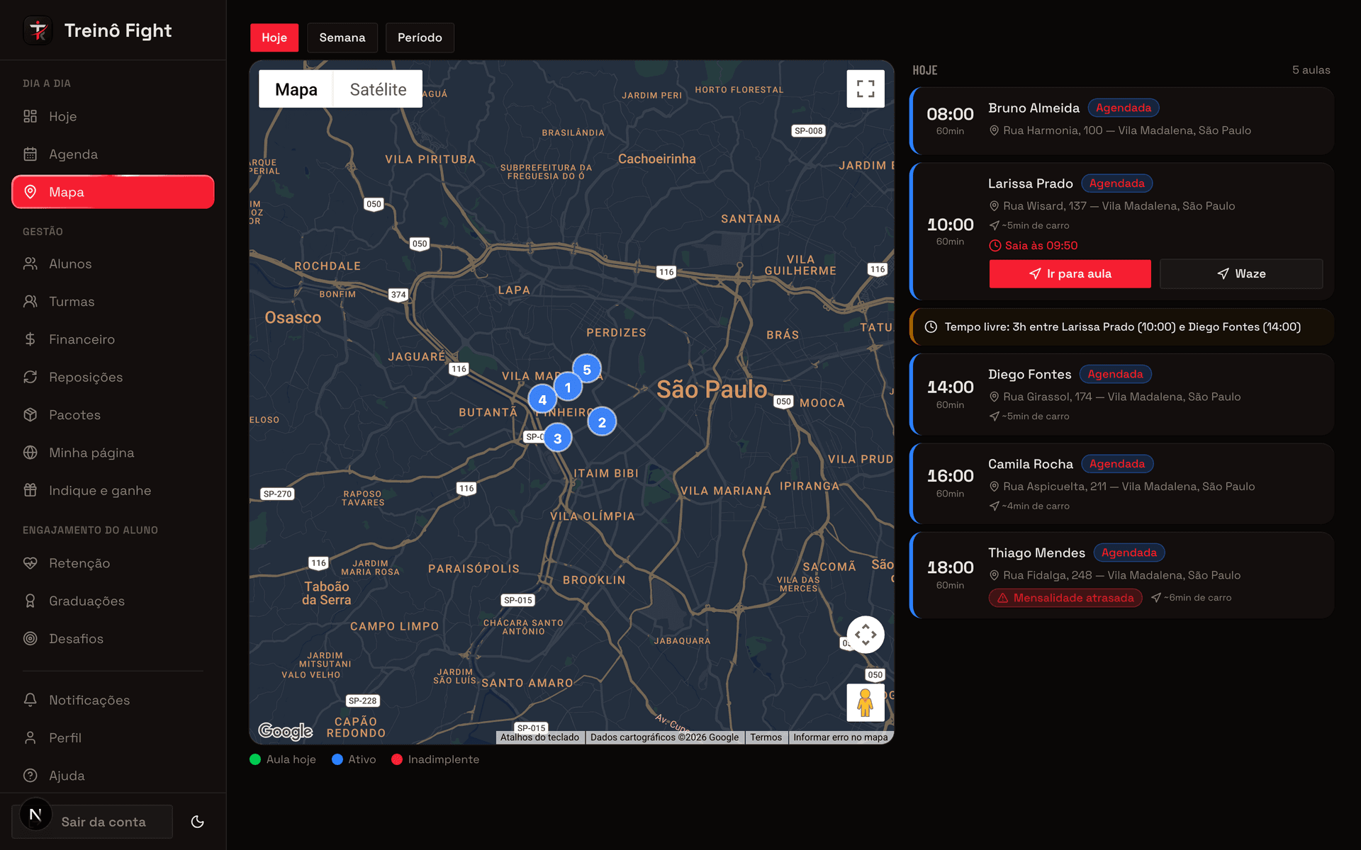 Mapa do Treinô com a rota do dia e a agenda do professor