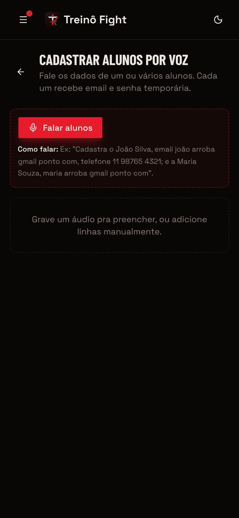 Cadastro de alunos por voz no Treinô Fight