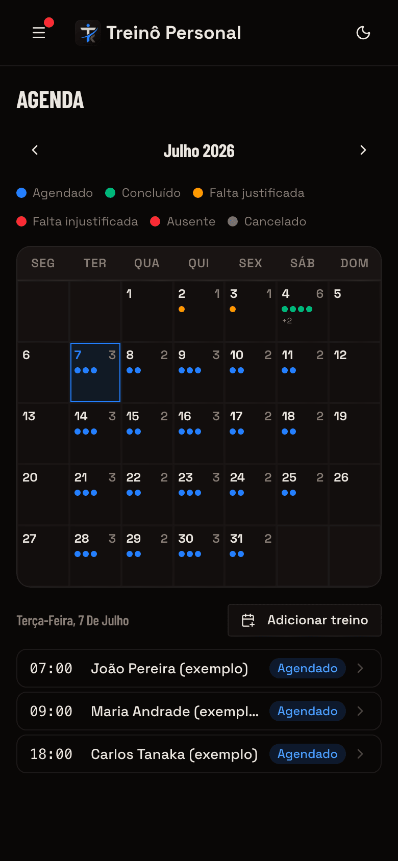 Agenda do mês do Treinô Personal no celular