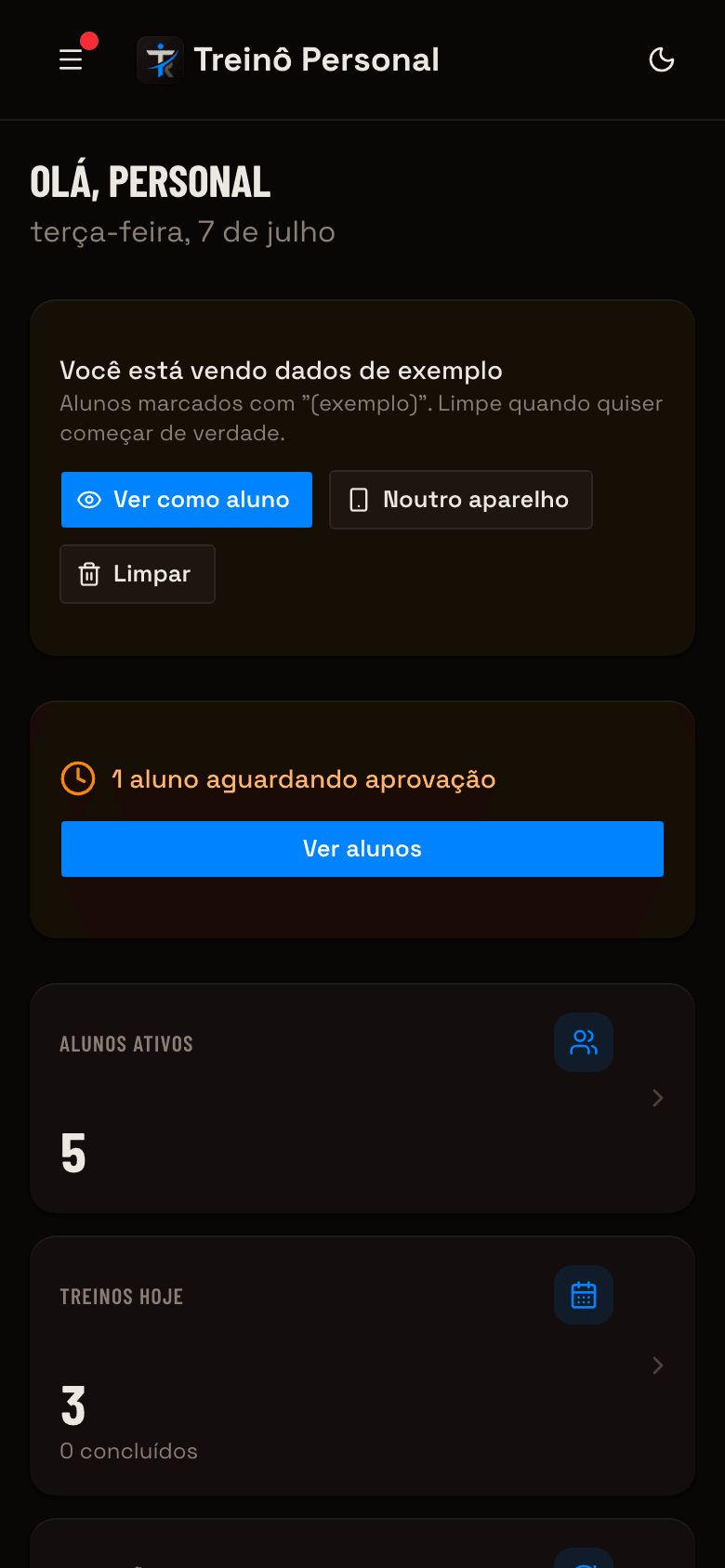 Painel do dia do Treinô Personal no celular