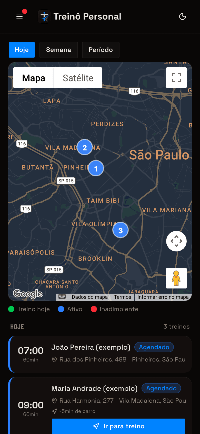 Mapa do Treinô Personal com a rota do dia entre os alunos e a agenda do personal