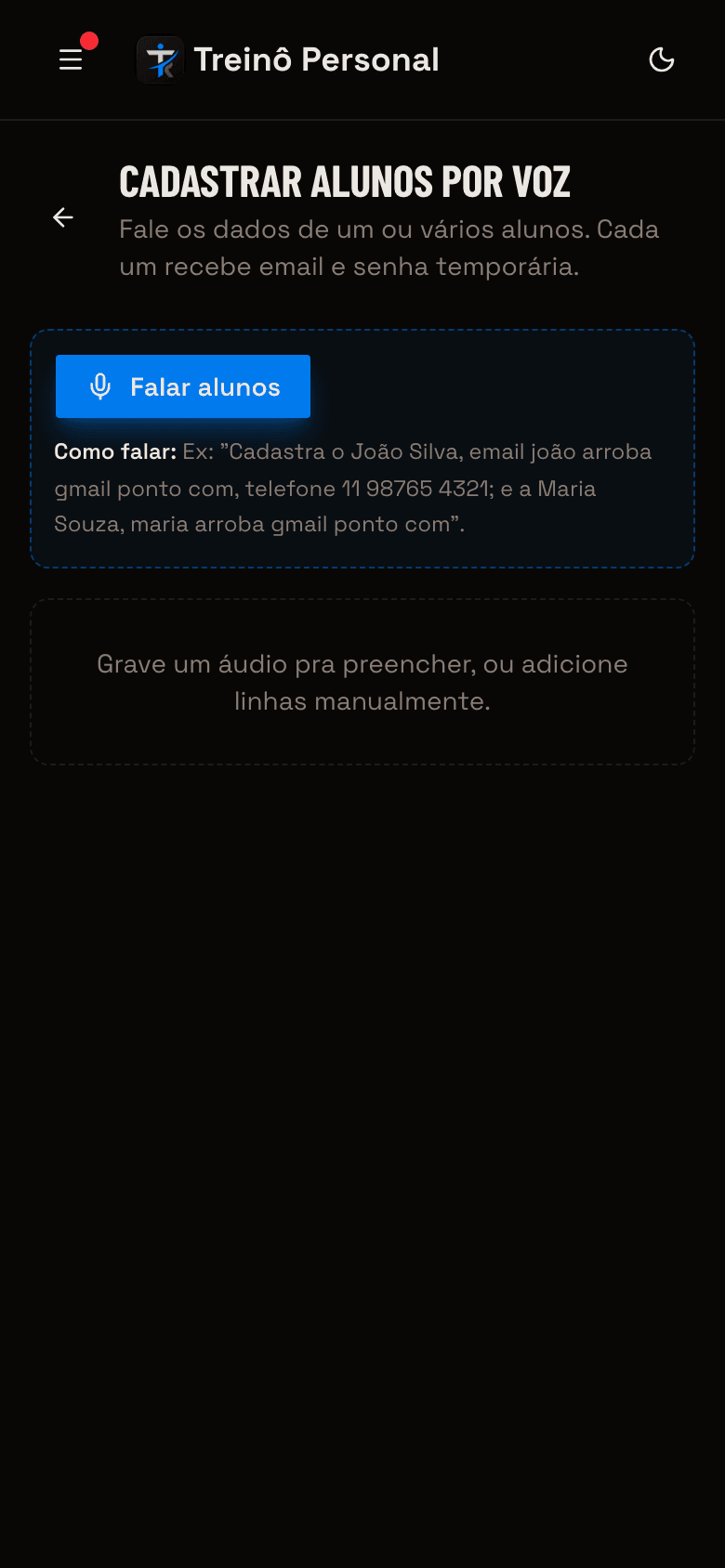 Tela de cadastro de alunos por voz no Treinô Personal